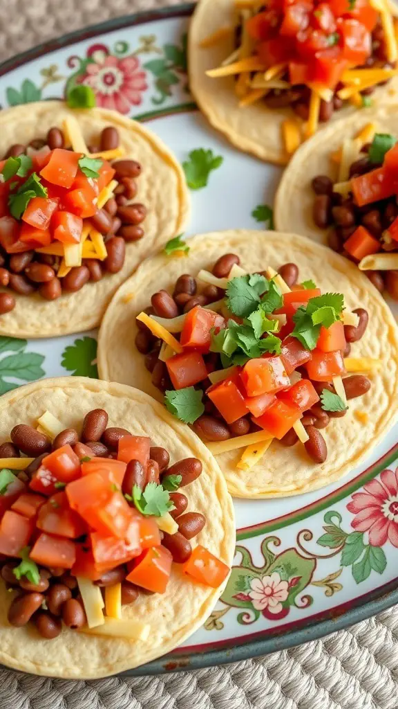 A plate of sopes topped with refried beans, diced tomatoes, cheese, and cilantro.