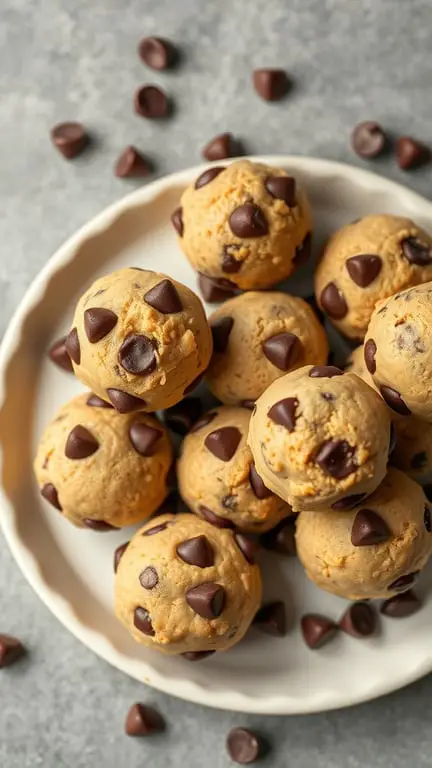 A plate of chocolate chip cookie dough bites with chocolate chips scattered around.