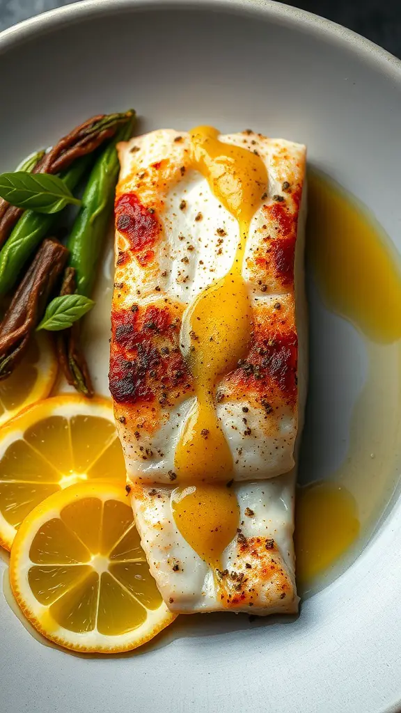 Pan-seared snapper fillet with lemon butter sauce, served with lemon slices and green beans.