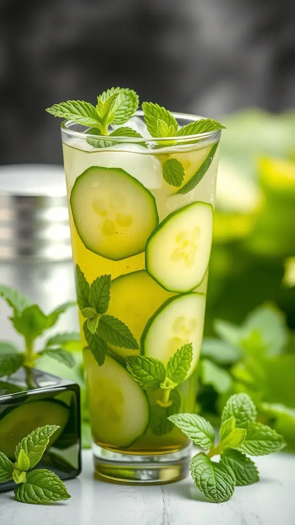 A refreshing cucumber mint cooler drink garnished with cucumber slices and mint leaves.