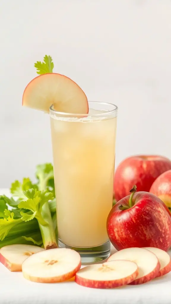 A refreshing glass of apple celery juice with sliced apples and celery stalks