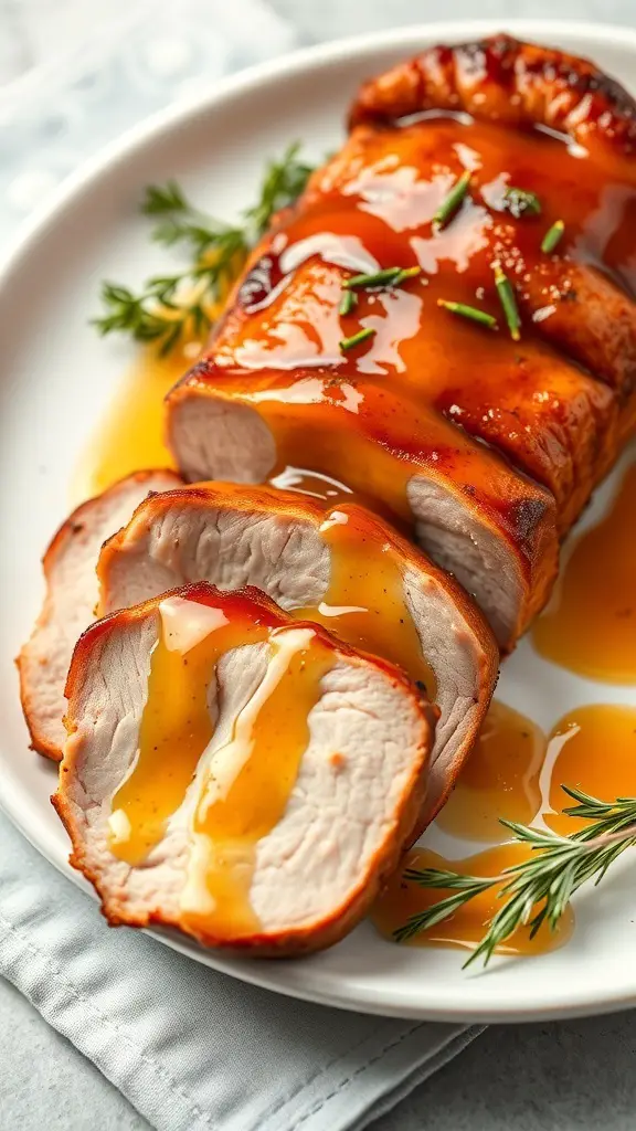 A beautifully glazed pork tenderloin with apricot sauce, sliced and garnished with herbs.