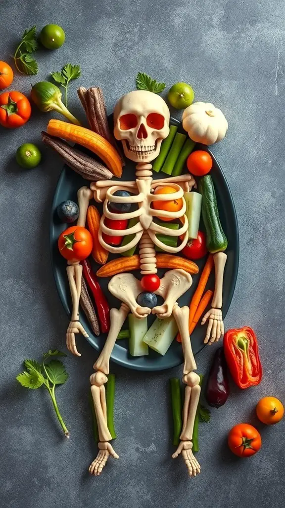 A skeleton made of vegetables on a platter, surrounded by colorful veggies.