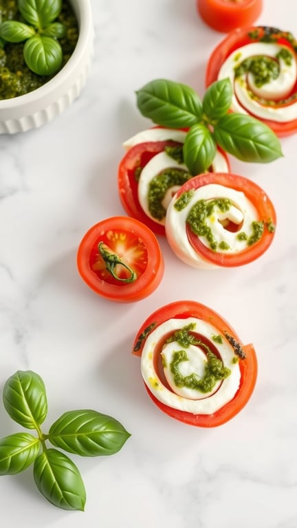 Caprese pinwheels with mozzarella, tomatoes, and basil pesto on a marble surface