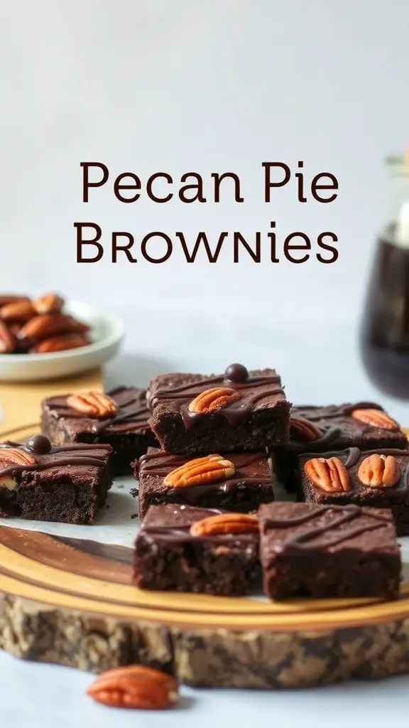 A plate of Pecan Pie Brownies topped with pecans and chocolate drizzle.