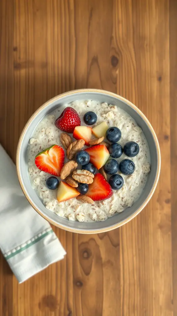 A bowl of overnight oats topped with strawberries, blueberries, and diced apples on a wooden table.