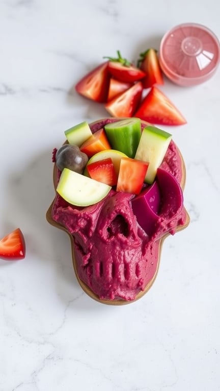 A skull-shaped bowl filled with bright red beet hummus, topped with assorted colorful vegetables.