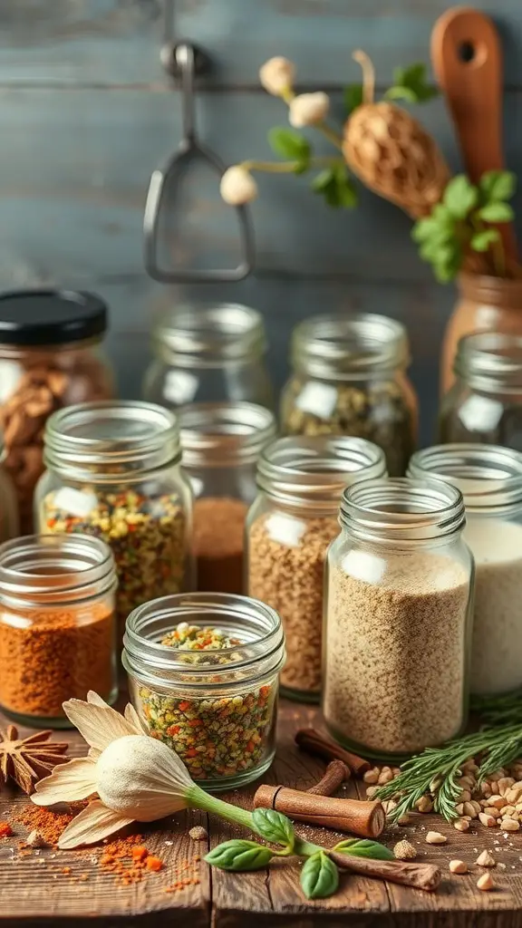 A variety of jars filled with colorful spices and herbs on a wooden table.