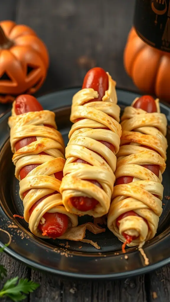 A plate of mummy hot dogs wrapped in dough, resembling mummies, with a pumpkin in the background.