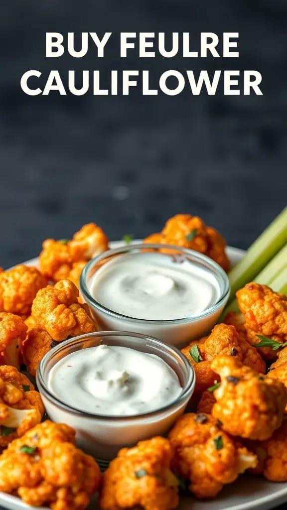 A plate of crispy buffalo cauliflower bites with blue cheese dip and celery sticks.