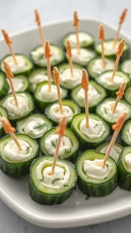 A platter of cucumber and cream cheese roll-ups with toothpicks