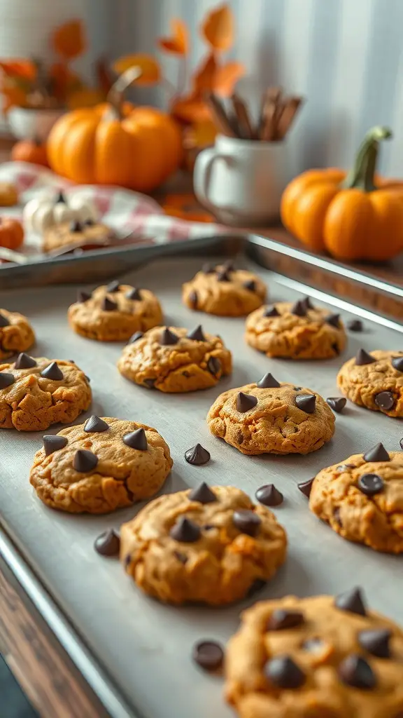 A tray of pumpkin chocolate chip cookies with autumn decorations in the background.