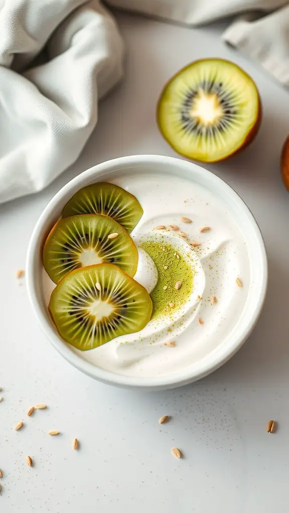 A bowl of yogurt topped with matcha powder and kiwi slices.