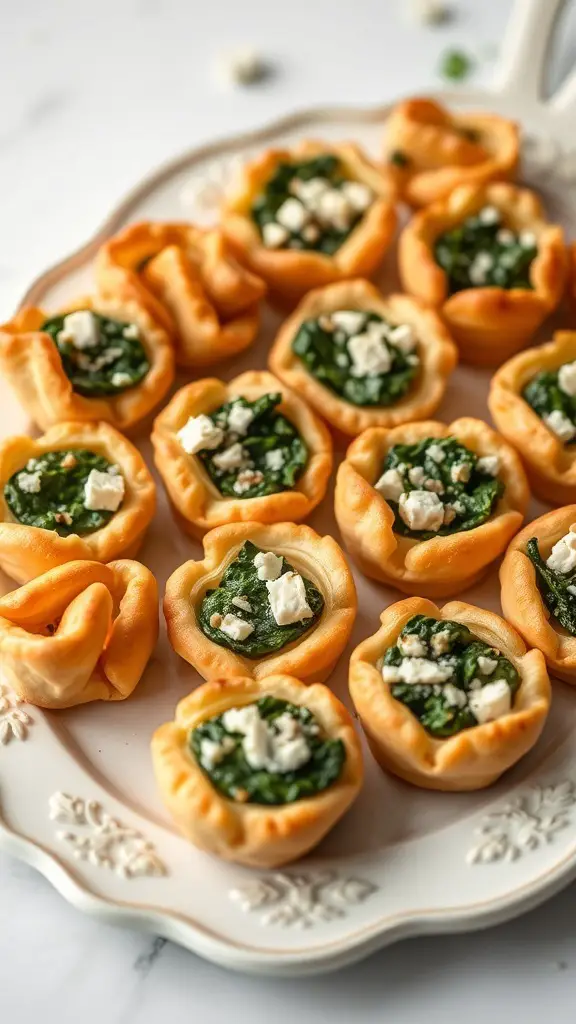 Savory spinach and feta puff pastry bites on a decorative plate.