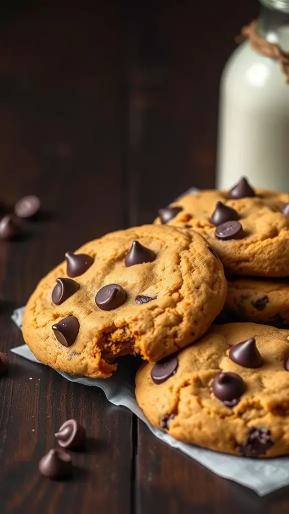 A stack of chocolate chip pumpkin cookies with a bite taken out, accompanied by chocolate chips and a glass of milk.