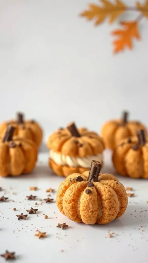 Pumpkin-shaped cookie sandwiches with cream filling, decorated with chocolate chips, surrounded by star-shaped sprinkles.