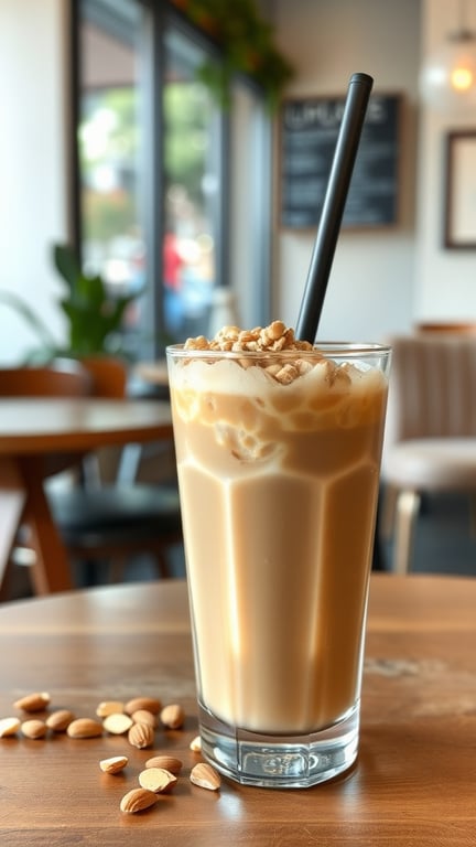 A glass of Nutty Iced Coffee with Almonds, topped with chopped almonds, sitting on a wooden table.