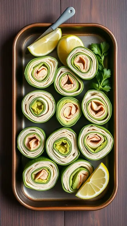 A tray of turkey and avocado pinwheels with lemon slices and fresh herbs