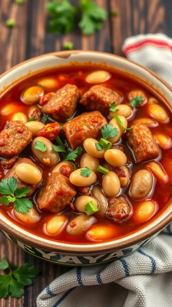A bowl of Italian sausage and white bean chili with fresh herbs on top.