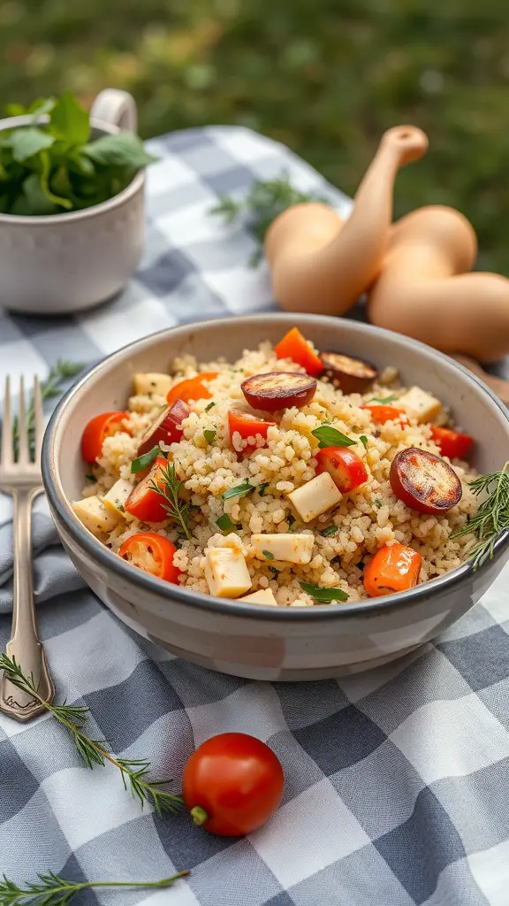 A bowl of couscous salad with roasted vegetables, garnished with fresh herbs, on a checkered tablecloth.