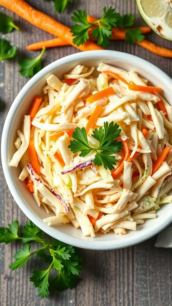 Bowl of classic coleslaw with cabbage and carrots, garnished with parsley