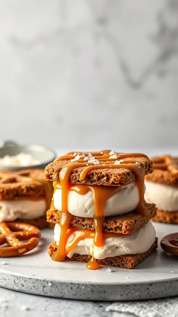 Salted caramel ice cream sandwiches with pretzel crust, drizzled with caramel sauce.