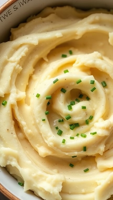 A bowl of creamy mashed potatoes topped with chives, showcasing a smooth and swirled texture.