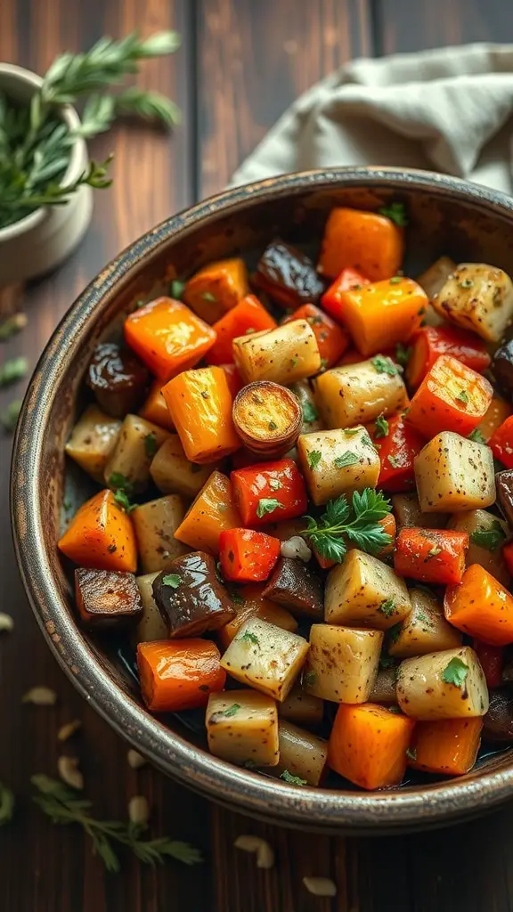 A bowl of roasted vegetable medley featuring colorful diced vegetables like bell peppers, sweet potatoes, and mushrooms.