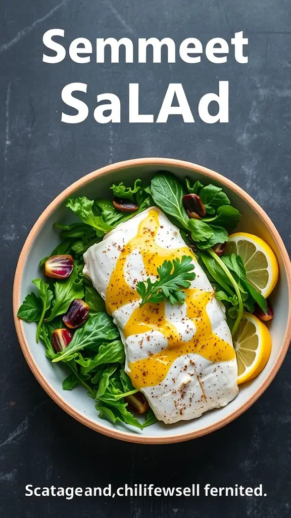 A bowl of snapper salad featuring greens, snapper fillet, and lemon slices with a citrus vinaigrette.