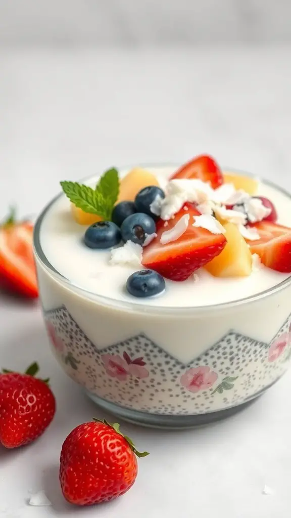 A colorful Coconut Chia Pudding Yogurt Bowl topped with strawberries, blueberries, and shredded coconut.