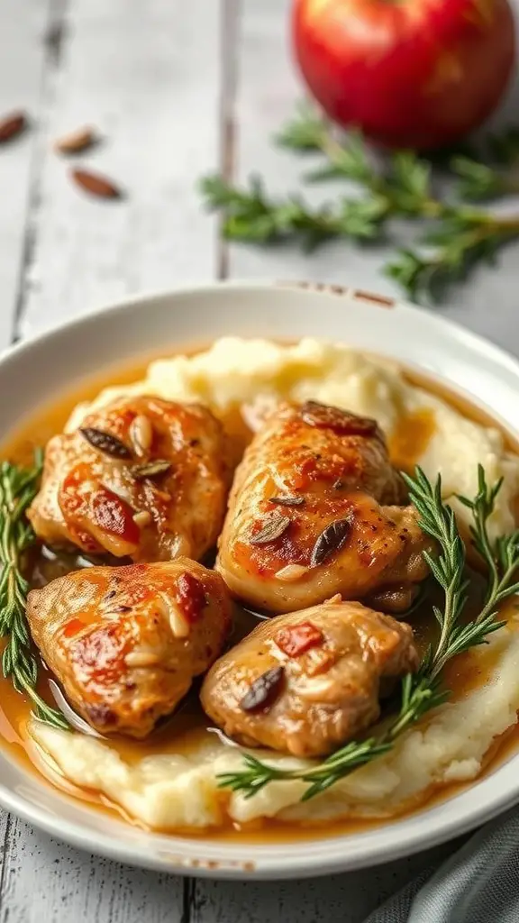 Cider braised chicken thighs served on mashed potatoes with herbs and an apple in the background.