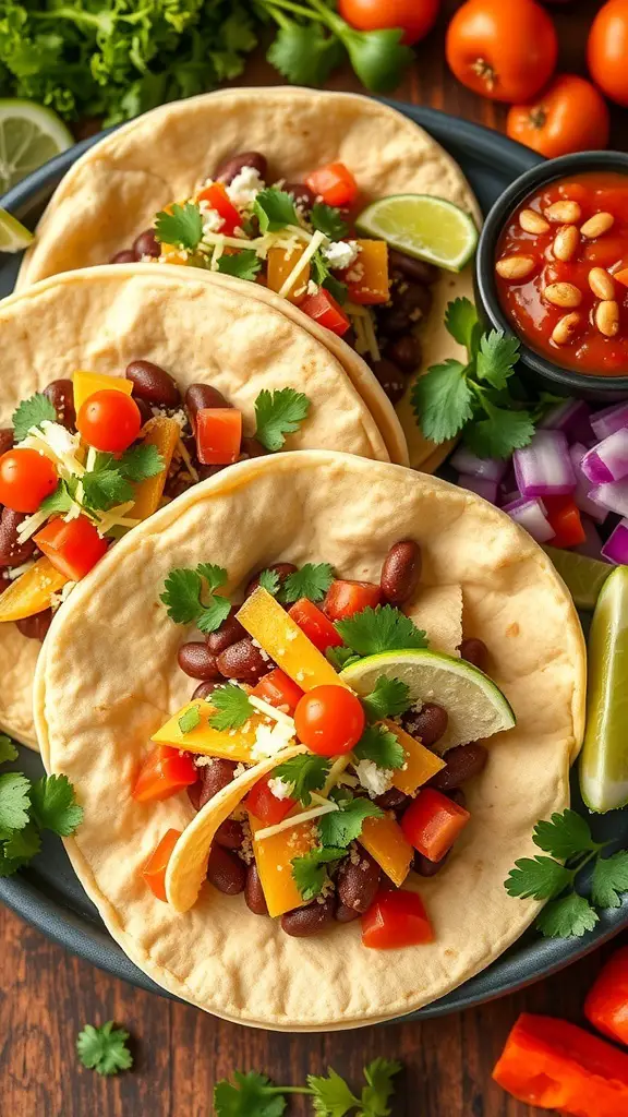Delicious sopes topped with refried beans, tomatoes, peppers, and cilantro