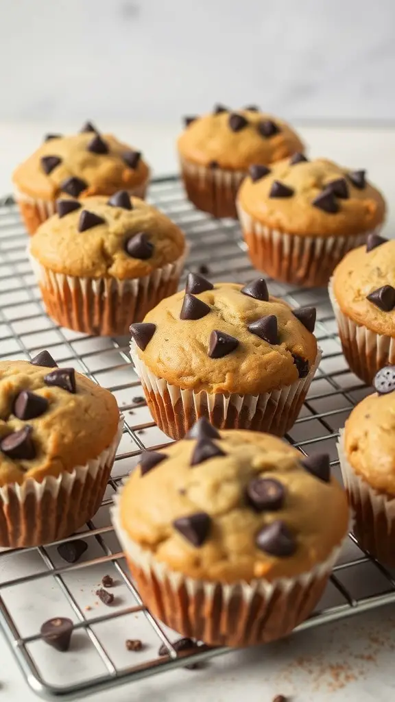 Freshly baked chocolate chip banana muffins cooling on a wire rack.