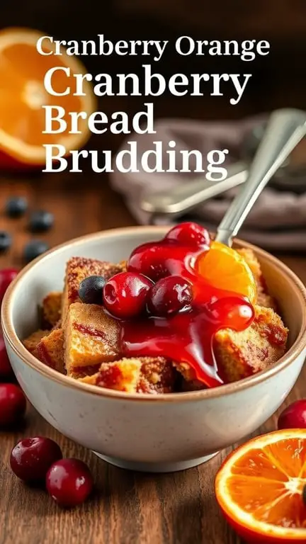 A bowl of Cranberry Orange Bread Pudding topped with cranberry sauce and orange slices.