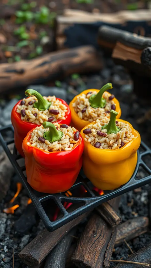 Stuffed bell peppers filled with rice and beans on a grill over a campfire.