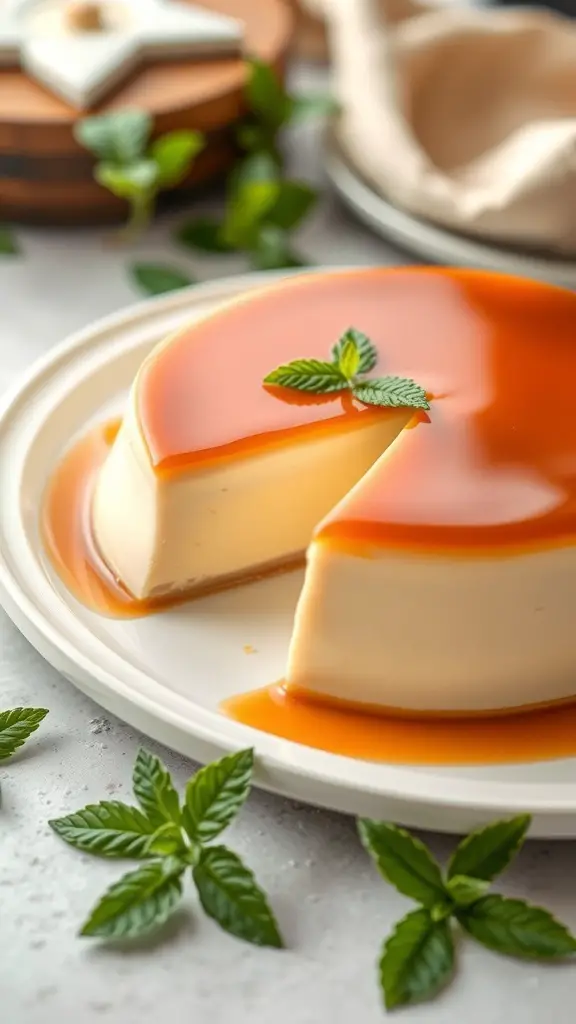A beautifully presented flan cake with a glossy caramel topping and mint leaves on a plate.