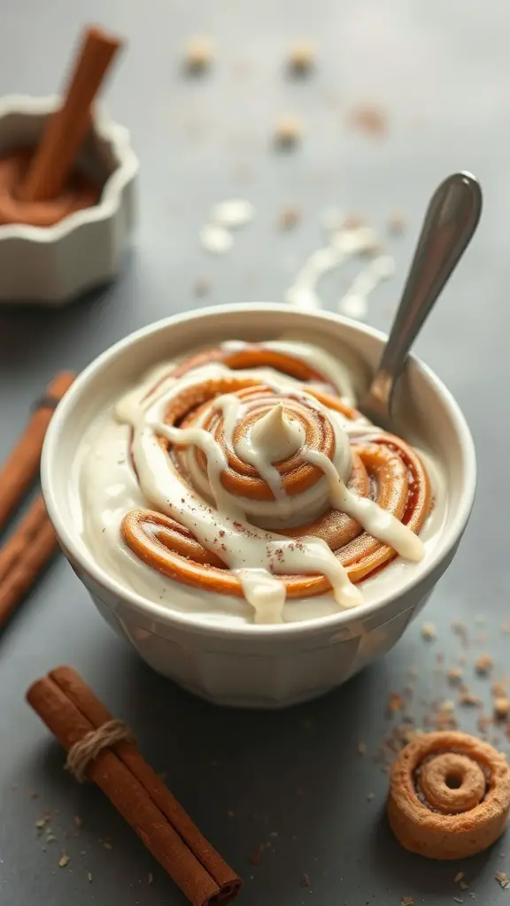 A delicious Cinnamon Roll Yogurt Bowl with swirls of cinnamon rolls, yogurt, and cinnamon sticks.