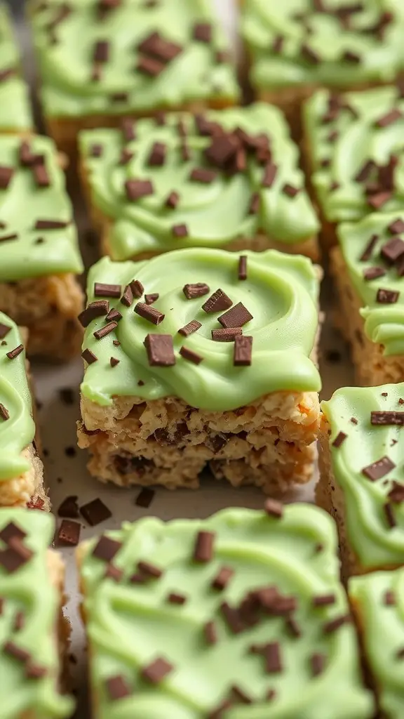 Chocolate mint rice krispie treats with green frosting and chocolate shavings