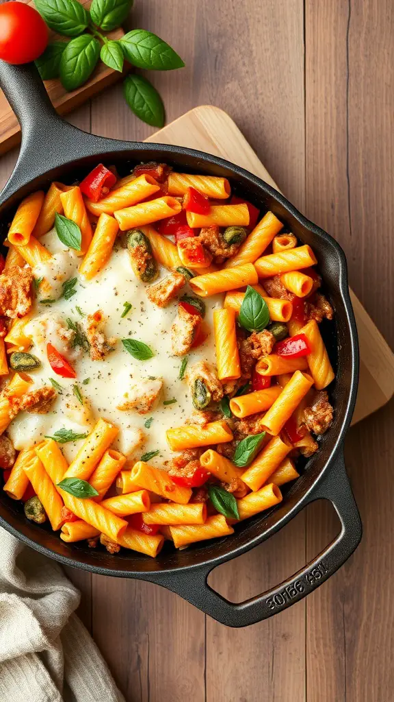 A delicious baked ziti with fall vegetables, topped with melted cheese and fresh basil.