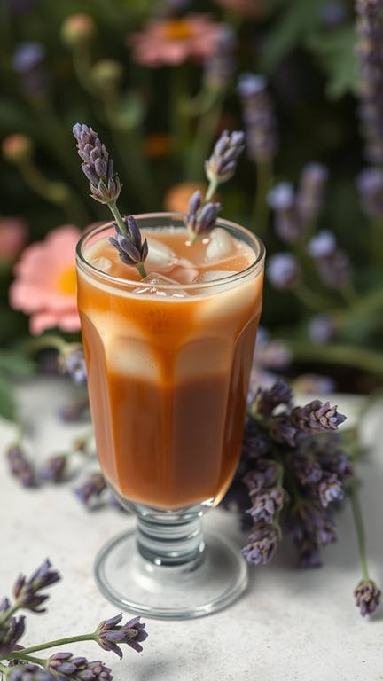 A glass of iced coffee with lavender sprigs, surrounded by colorful flowers.