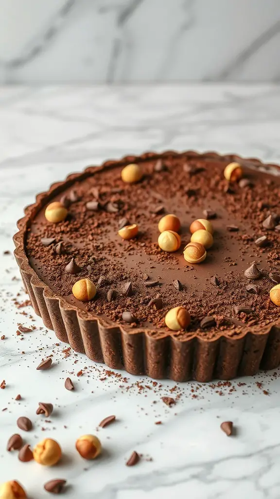 A beautifully presented chocolate hazelnut tart topped with hazelnuts and chocolate shavings on a marble surface.