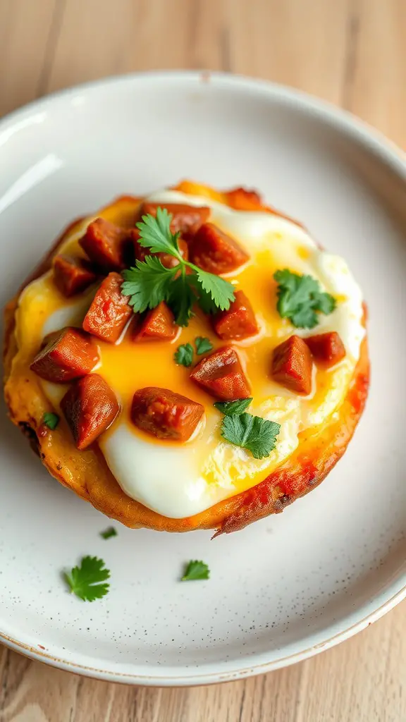 Chorizo and egg breakfast muffin topped with cilantro