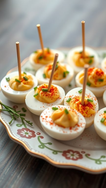 A platter of deviled egg halves topped with paprika and chives, each with a toothpick for easy serving.