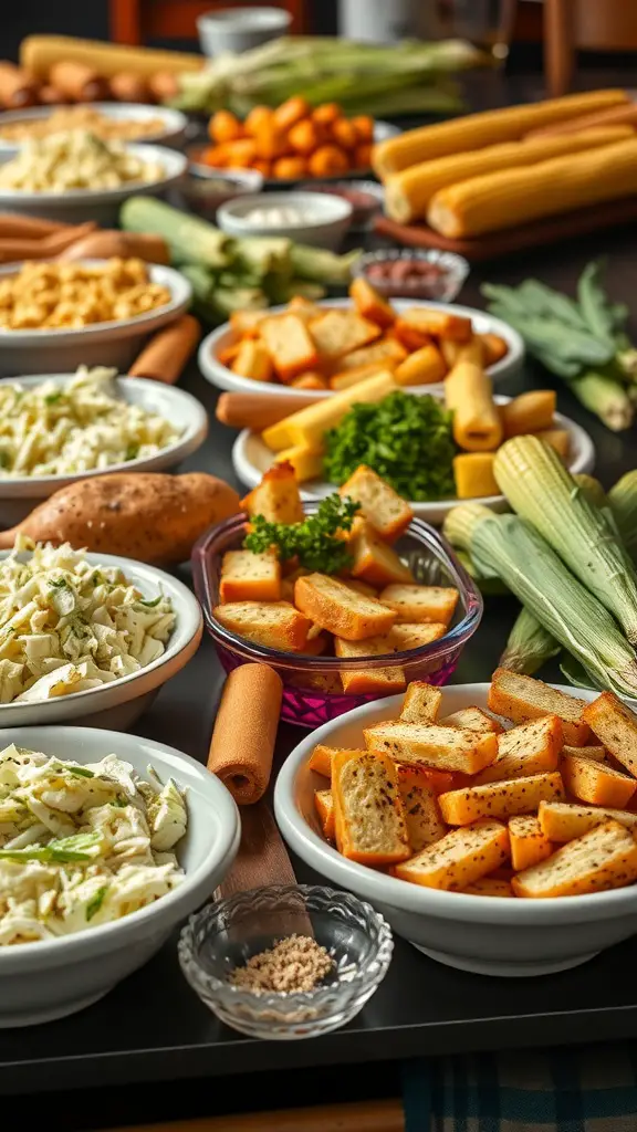 A variety of side dishes including coleslaw, roasted corn, potato wedges, and sweet potatoes arranged on a table.