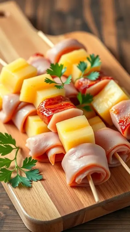 Pineapple and ham skewers on a wooden board, garnished with parsley.