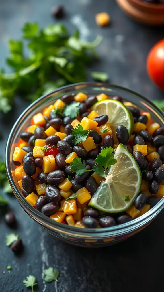 A bowl of black bean and corn salsa with lime and cilantro