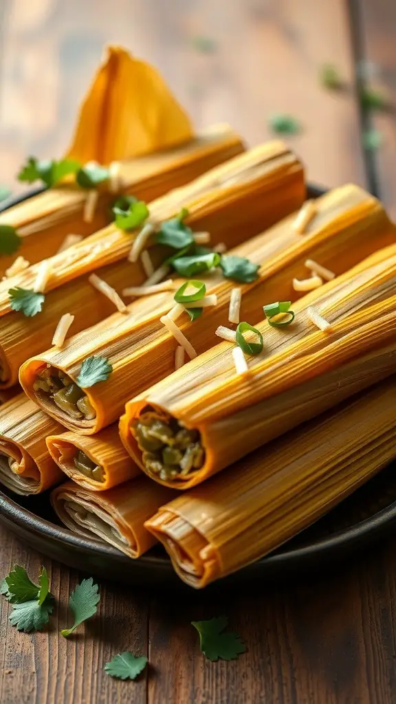 A plate of tamales filled with green chili and cheese, garnished with cilantro and green onions.