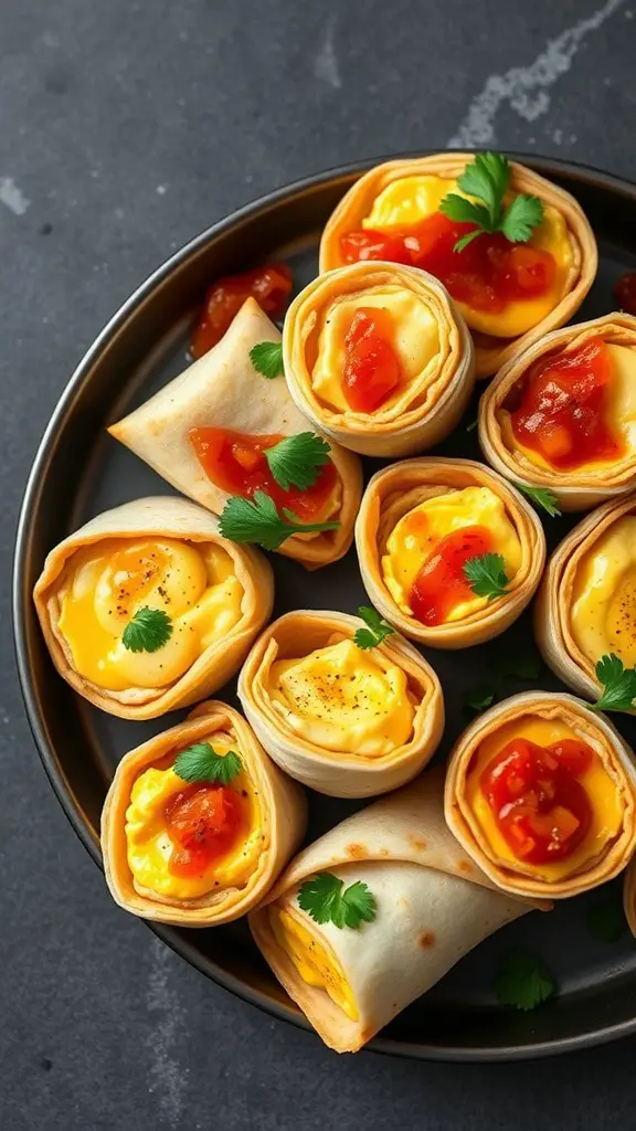 A plate of mini breakfast burritos filled with scrambled eggs and topped with salsa and cilantro.