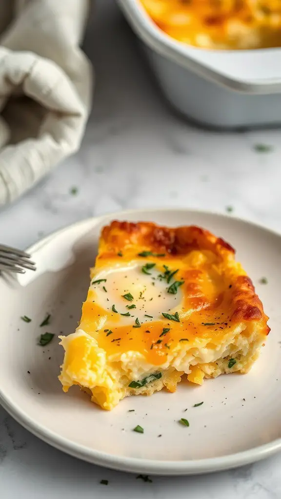 A slice of egg and cheese breakfast casserole on a plate, garnished with parsley.