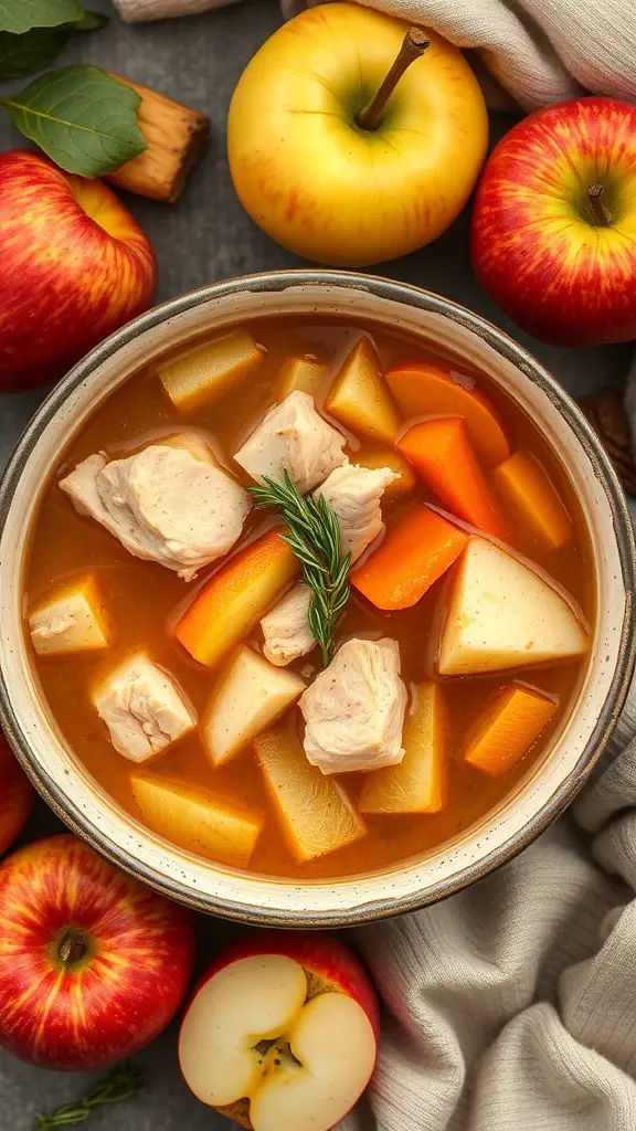 A bowl of Apple Cider Chicken Soup with chicken, apples, carrots, and potatoes surrounded by fresh apples.